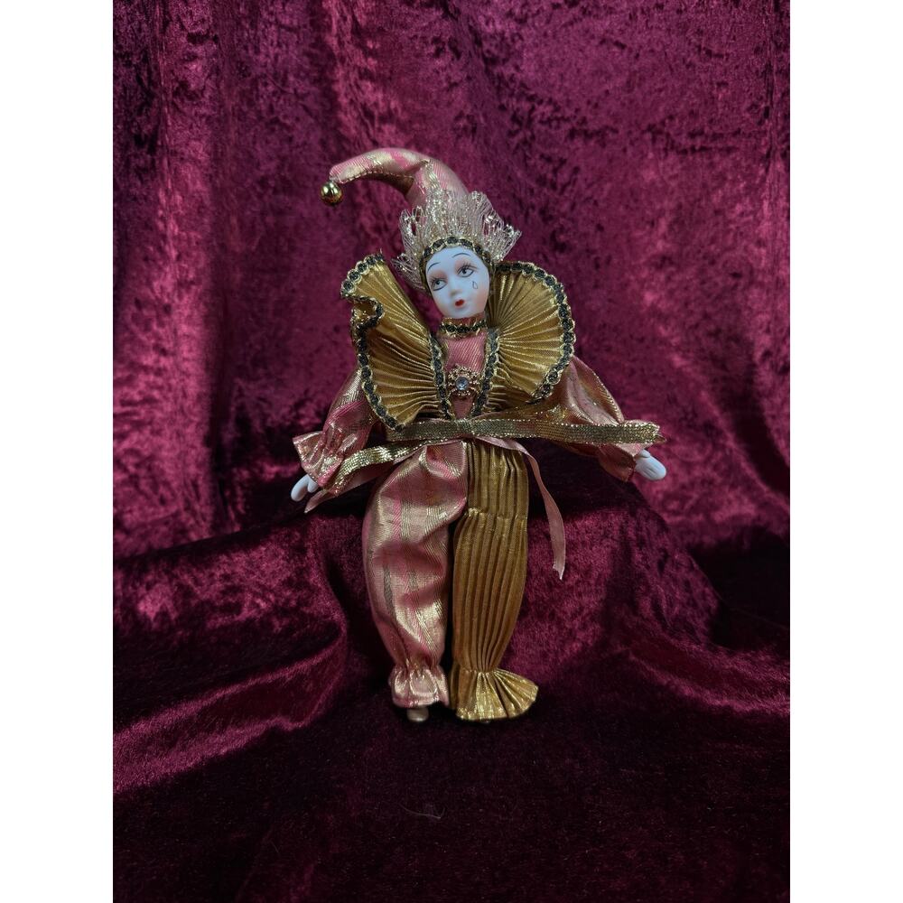 Vintage Porcelain Pierrot Jester Doll – Pink and Gold Metallic Harlequin Figure